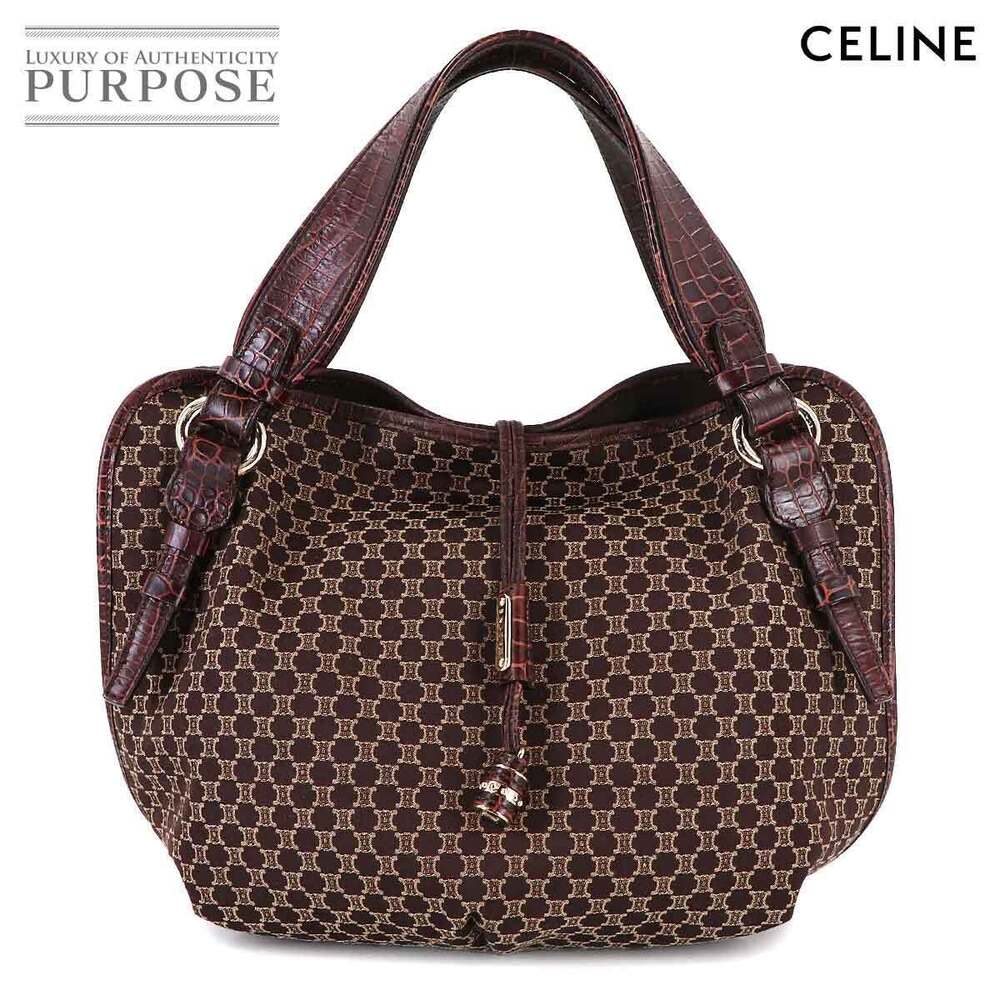 Celine Macadam Handbag Canvas Leather Dark Brown